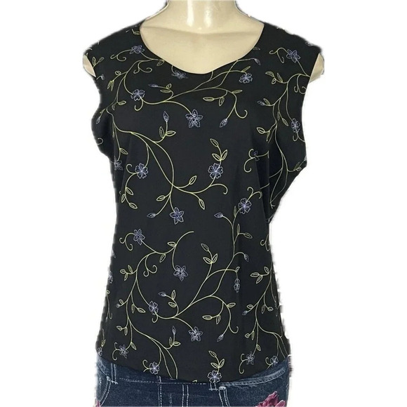 Casual Corner Vintage L Black Floral Print Crew Neckline Sleeveless Blouse - Picture 2 of 6